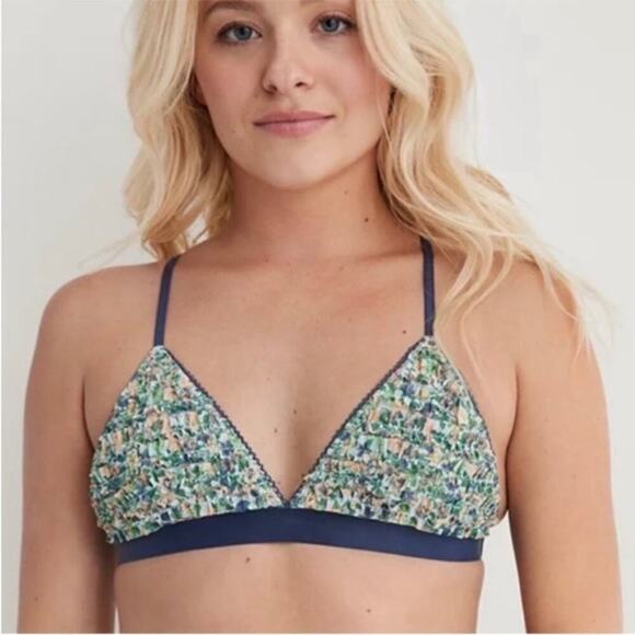 Aerie Sz M Mesh Ruffle Strappy Triangle Bralette Blue Green Floral NWT - Picture 3 of 14
